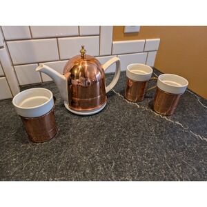 Vintage Ceramic Teapot with Copper Cozy and 3 Matching Mugs Set PLEASE READ